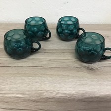 4 Vintage Bowle-Gläser / Noppengläser mit Henkel, Glasfarbe: Tiefgrün / Petrol.