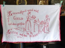 ANTIK LEINEN WANDBEHANG 89X57cm SPRUCH ROT STICKEREI ALTE HANDARBEIT