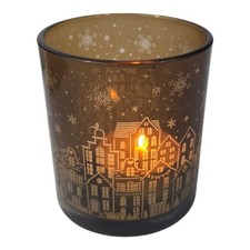 Teelichthalter mit Häusern 8cm Glas braun Stadt Windlicht Weihnachten Winter 3d