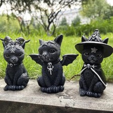 3x Deko Figur Katze Katzenstatue aus Naturharz Hexen Katzenfigur