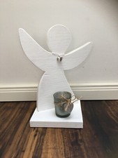 Engel Figur aus Holz Weiß Flügel Stern + Teelicht 18x30x15 Neu