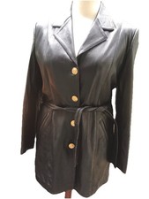 Lederjacke Mantel Kurzmantel Gehrock Gürtel Jacke Leder Goldknöpfe XXL Schwarz