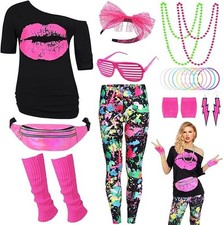 80er Jahre Damen Kostüm Accessoires Rosa Neon LEGGINS GÜRTELTASCHE 80 Halloween Gr. S