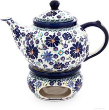 Bunzlauer Keramik 1,25L Teekanne mit Stövchen – klassisch, rundlich, Dekor DU126