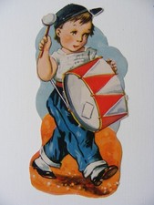 Glanzbild Oblate Poesiealbum Sammlung Kinder alt Junge recht groß Trommel Pauke