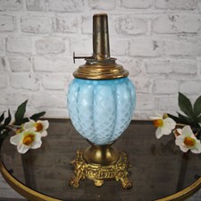 Petroleumlampe Glas blau weiß Messingfuß Waben Kosmos Brenner WeeNTAGE