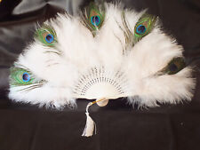 Pfau Fächer - Groß  Weiß  mit Pfauenfedern zur Dekoration oder selbst Nutzung