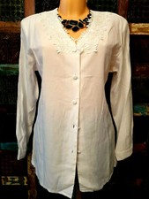 k266 ELEGANT Bluse L 40 42 Weiß Spitze Tailliert Tunika Gehrock Oberteil Shirt