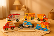 Kinder Holzpuzzle Set – 6 Steckpuzzle Fahrzeuge Auto Polizei Feuerwehr Zug