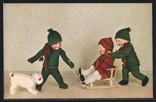 Käthe Kruse-Puppen spielen mit Schlitten, Hund, Ansichtskarte 1942 
