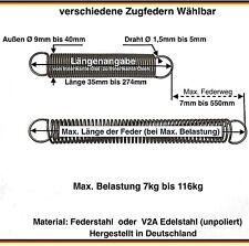 Zugfedern mit Ösen, wählbar: Material, Länge, Stärke 7kg bis 116kg Zugkraft