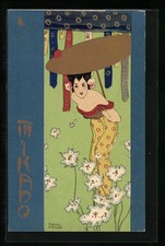 Künstler-AK Raphael Kirchner: Schöne Japanerin mit Sonnenschirm und gelben Klei 