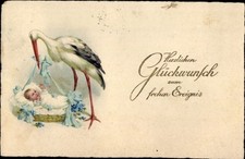 Ak Glückwunsch zur Geburt, Storch, Baby in einem Korb - 4336221