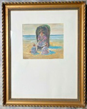 ::AQUARELL °J. ELSINGER 1920 KINDER AM STRAND STRANDKORB MODE MUTTER OSTSEE MEER