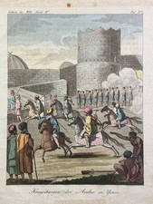 Kriegsübungen der Araber in Yemen, Kupferstich Handkoloriert um 1790 