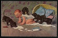 Künstler-AK A. Roeseler: Junge Dackel trinken einem Säugling die Milch weg 