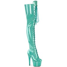 Sale ADORE-3020GP Pleaser High Heels Plateauoverkneestiefel aqua Glitter Lack 41