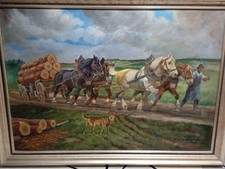 Albin Tippmann übergroßes Ölgemälde Leinwand signiert Bauer mit Pferdegespann