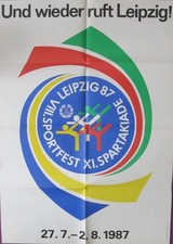 Original-Plakat VIII. Sportfest + XI. Spartakiade Leipzig 1987, gefaltet