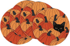 Herbstdeko: Schwarze Katze Kürbisse 4er Set Platzsets 37cm Waschbar Tischsets