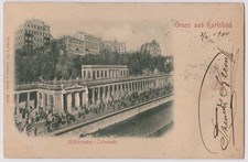 Relief-Ansichtskarte Gruss aus Karlsbad, Mühlbrunnen-Colonnade, gel.3.4.1900