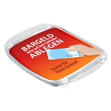 Zahlteller: Bitte Bargeld an der Kasse ablegen, Händekontakt vermeiden