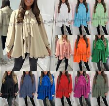 Damen Frauen Tie Up Muschi Schleife Ausschnitt Knopf Rüschen Sommer Swing Bluse Shirt Tops