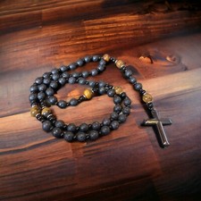 Handgefertigte Lavagestein Tigerauge Rosenkranz Halskette Christliches Kreuz Gebetsperlen