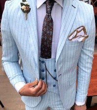 DESIGNER BUSINESS SKY BLAU NADELSTREIFEN HERRENANZUG SAKKO WESTE TAILLIERT SLIM