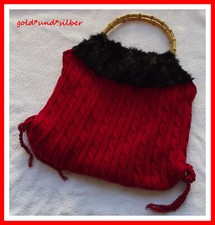 WEIHNACHTEN Damen STRICKHANDTASCHE rot ZOPFMUSTER mit WEBPELZ schwarz + BAMBUS
