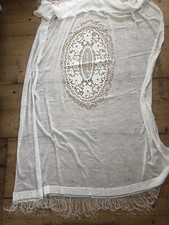 Antike Decke Bettüberwurf Tagesdecke Plaid Jugendstil Vorhang Fransen Cremeweiss