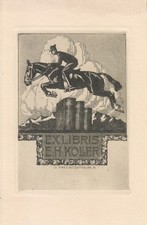 Exlibris Bookplate Radierung Iwan Edwin Hugentobler 1886-1972 Reiter Buch Grün