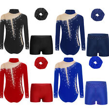 Mädchen Langarm Turnanzug Gymnastikanzug Glitzer Tanzbody Shorts Ballettkleidung