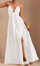 Sommer elegantes langes Kleid, neckholder Strandkleid mit Schlitz weiß. Größe XS