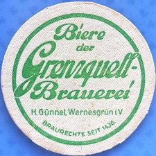 Alter Bierdeckel VK Grenzquell-Brauerei H. Günnel, Wernesgrün i. V. um 1935