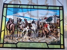 Antikes  Fensterbild mit buntem Glas Bleiglasbild Ca. 37x26 cm Brauerreiwagen 