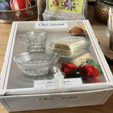 3 Vintage Glas Frühstück Geschirr Butterdose, Milchkännchen, Zuckerdose