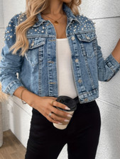 Damen Jeansjacke mit Strassverzierungen, elegante einfarbige Jacke, Sommer