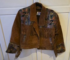 80s/90s Vintage Wildlederjacke C&A – Fransen, Aztekmuster, offen tragbar