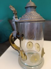 Antiker Glas-Bierkrug mit Zinn-Deckel, Noppenmuster, um 1900