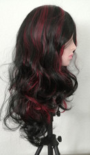 LANGE PERÜCKE MIT MITTELSCHEITEL UND WELLEN - SCHWARZ ROT BURGUND  NEU