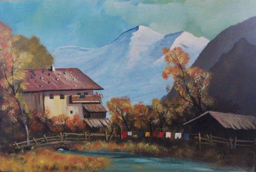 Aquarell hof mit - hof, wäscheleine