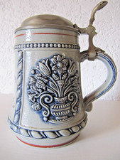 alter Bierkrug mit Zinndeckel, schöner alter Bierkrug mit Spruch