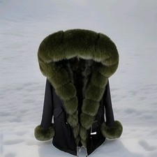 Echtfell Fuchs Fox Parka Jacke Echtfell Grün/Schwarz Gr. M 38 /40