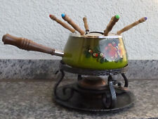 Fondue Topf grün Blumen Emaille Deckel Rechaud Feuerteller Gestell Gabeln Set