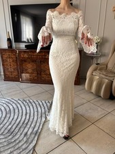 Hochzeitskleid Damen, Verlobungskleid, Bodenlang Elfenbein Spitze, Größe 36