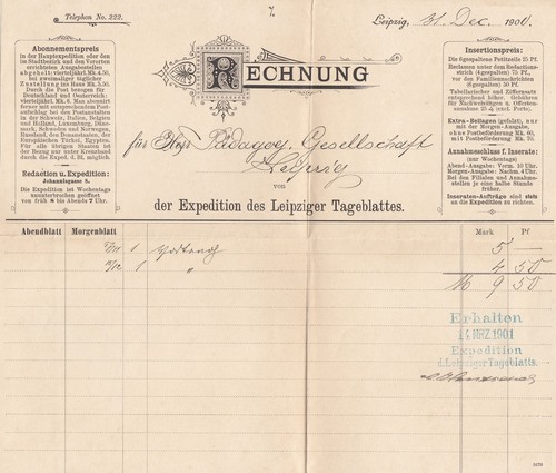 Leipzig rechnung 1900 - leipzig,,