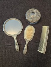 Antikes Frisierset Handspiegel  Haarbürste Kamm Glasdöschen Set versilbert