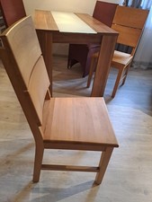 6 Stück Holzstühle Kernbuche massiv, unbehandelt mit braunen Stuhlhussen+Kissen