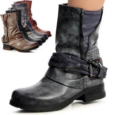 Damenschuhe Stiefeletten Biker Worker Boots Nieten Kurz Stiefel Riemen Waden